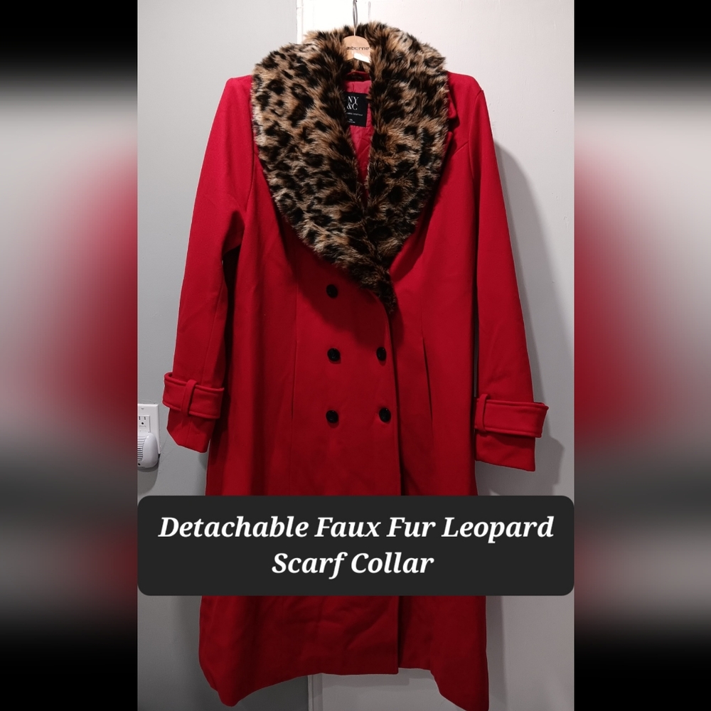 UNUSED New York & Company Red Detachable Leopard Collar Scarf Coat Size XXL